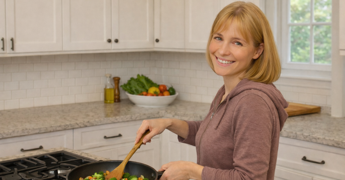 Gluten-free coach preparing a simple meal in a home kitchen